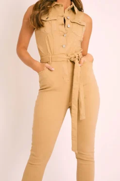 Rebellious Fashion Camel Button Front Sleeveless Jumpsuit - Faven