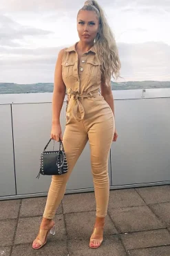 Rebellious Fashion Camel Button Front Sleeveless Jumpsuit - Faven