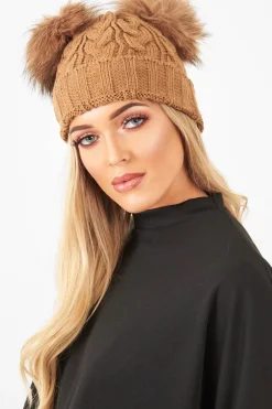 Rebellious Fashion Camel Cable Knit Double Bobble Hat - Cheyann