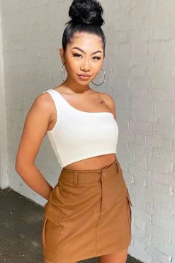 Rebellious Fashion Camel Cargo Pocket Faux Leather Mini Skirt - Taylia
