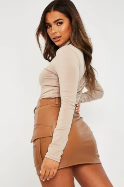 Rebellious Fashion Camel Cargo Pocket Faux Leather Mini Skirt - Taylia