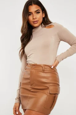 Rebellious Fashion Camel Cargo Pocket Faux Leather Mini Skirt - Taylia