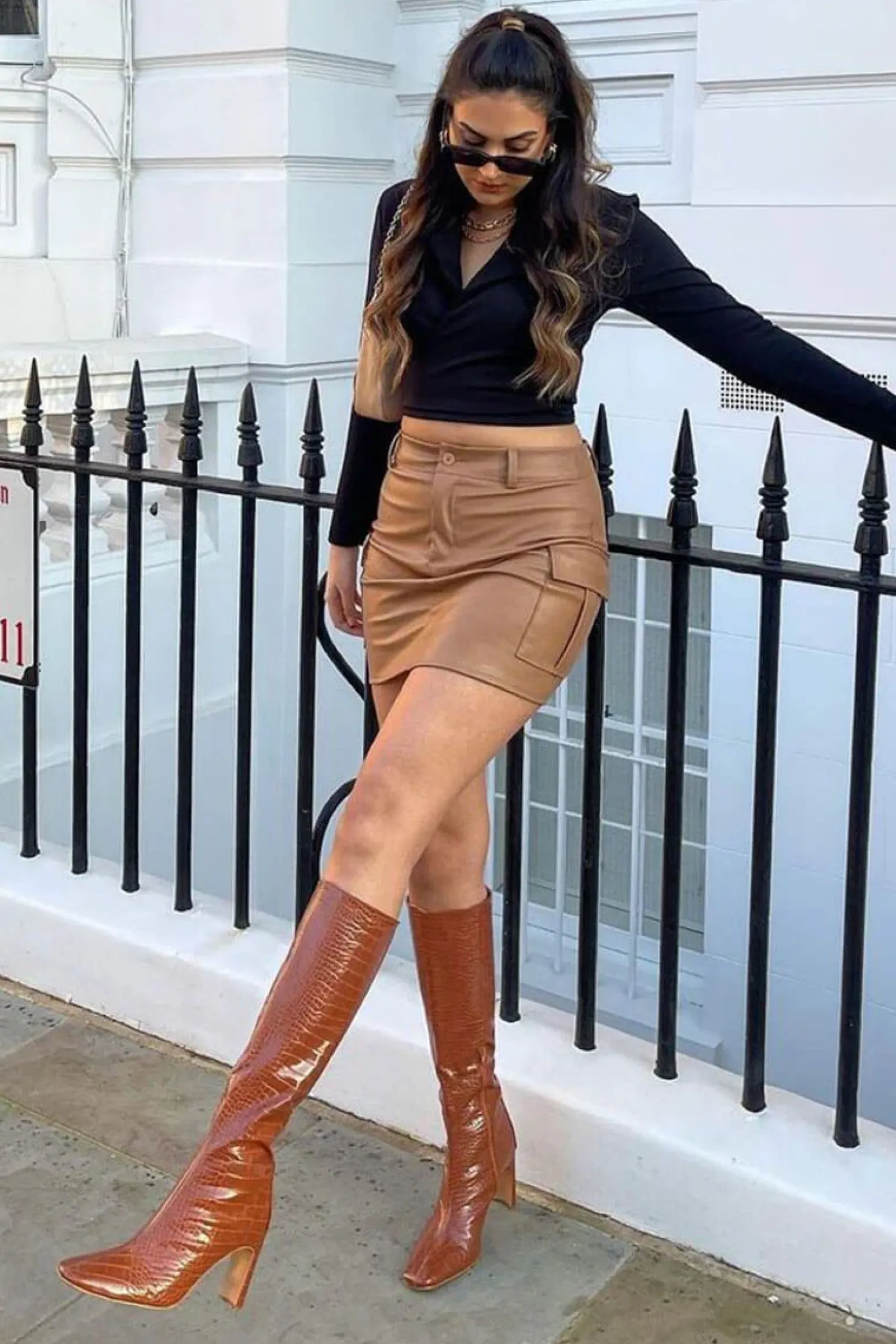Rebellious Fashion Camel Cargo Pocket Faux Leather Mini Skirt - Taylia