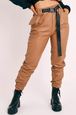 Rebellious Fashion Camel Cargo Pouch Belted PU Joggers - Mishka
