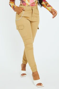 Rebellious Fashion Camel Chain Detail Stretch Cargo Trousers - Nellie