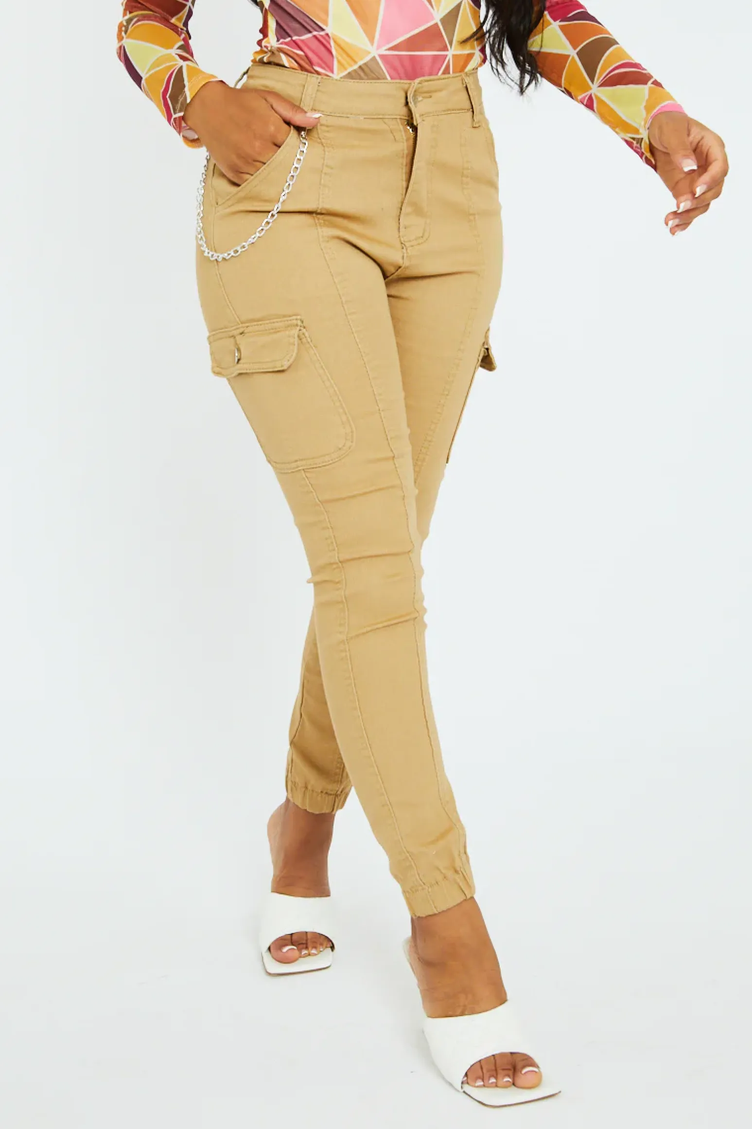 Rebellious Fashion Camel Chain Detail Stretch Cargo Trousers - Nellie