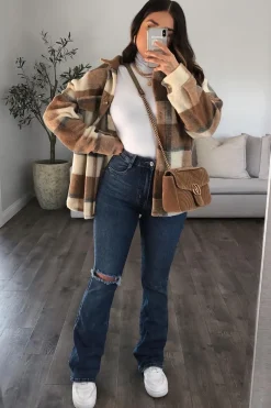 Rebellious Fashion Camel Checked Brushed Pocket Front Shacket - Peggy