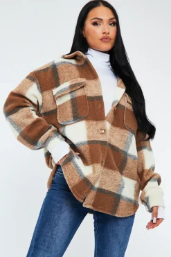 Rebellious Fashion Camel Checked Brushed Pocket Front Shacket - Peggy