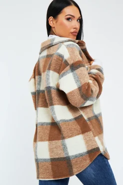 Rebellious Fashion Camel Checked Brushed Pocket Front Shacket - Peggy