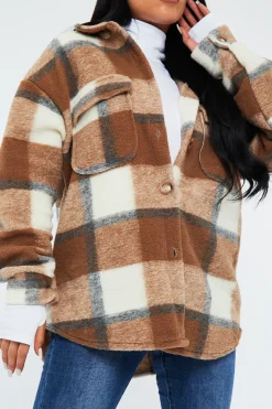 Rebellious Fashion Camel Checked Brushed Pocket Front Shacket - Peggy