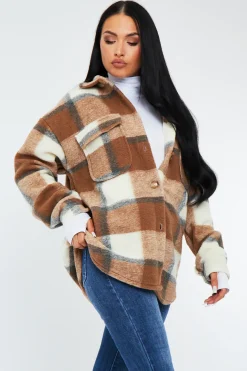 Rebellious Fashion Camel Checked Brushed Pocket Front Shacket - Peggy