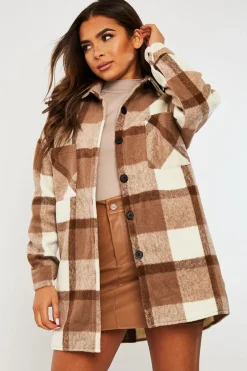 Rebellious Fashion Camel Checked Wool Blend Oversized Shacket - Ronni