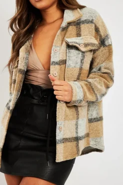 Rebellious Fashion Camel Check Oversized Wool Blend Shacket - Diora