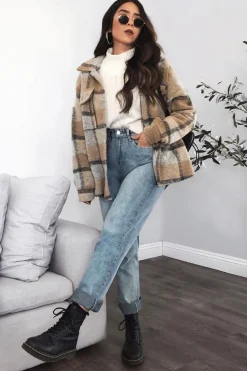 Rebellious Fashion Camel Check Oversized Wool Blend Shacket - Diora