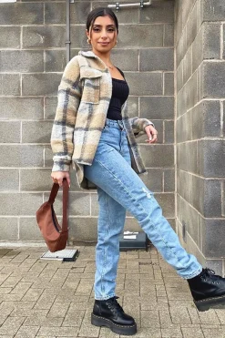Rebellious Fashion Camel Check Oversized Wool Blend Shacket - Diora