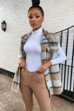 Rebellious Fashion Camel Check Sleeveless Shacket - Brittanie