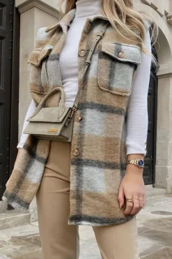 Rebellious Fashion Camel Check Sleeveless Shacket - Brittanie