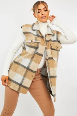 Rebellious Fashion Camel Check Sleeveless Shacket - Brittanie