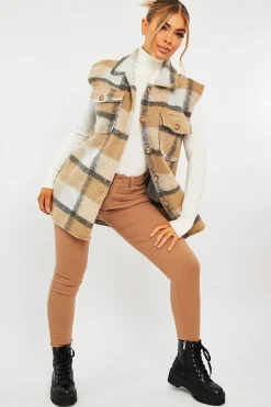 Rebellious Fashion Camel Check Sleeveless Shacket - Brittanie