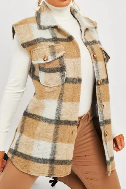 Rebellious Fashion Camel Check Sleeveless Shacket - Brittanie