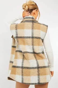 Rebellious Fashion Camel Check Sleeveless Shacket - Brittanie