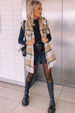 Rebellious Fashion Camel Check Sleeveless Shacket - Brittanie