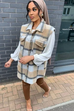 Rebellious Fashion Camel Check Sleeveless Shacket - Brittanie