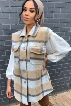 Rebellious Fashion Camel Check Sleeveless Shacket - Brittanie