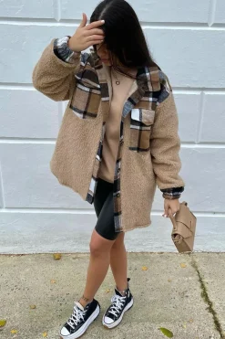 Rebellious Fashion Camel Check Teddy Blend Oversized Shacket - Shanti