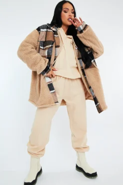 Rebellious Fashion Camel Check Teddy Blend Oversized Shacket - Shanti