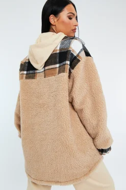 Rebellious Fashion Camel Check Teddy Blend Oversized Shacket - Shanti