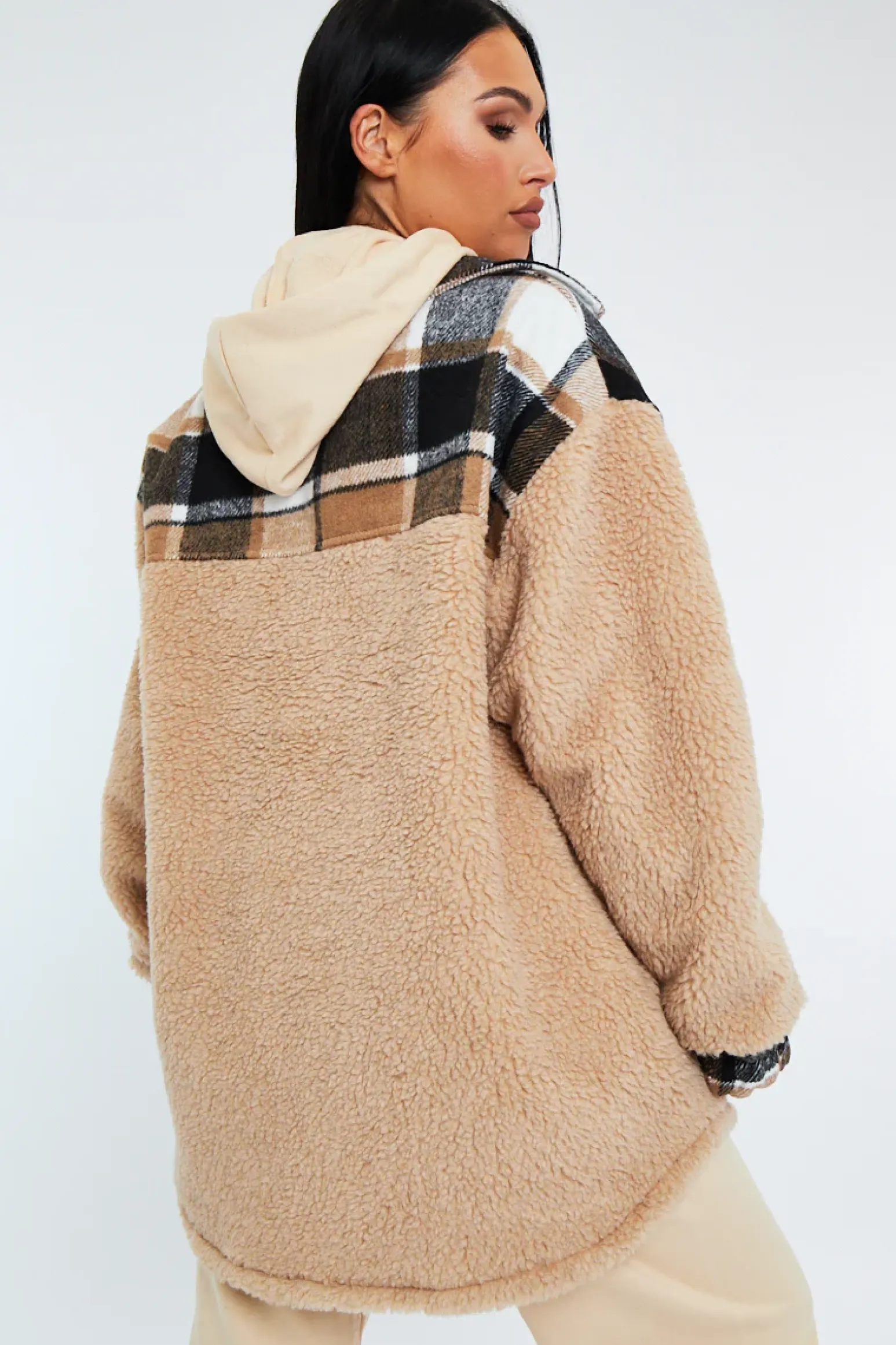 Rebellious Fashion Camel Check Teddy Blend Oversized Shacket - Shanti