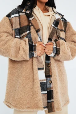 Rebellious Fashion Camel Check Teddy Blend Oversized Shacket - Shanti