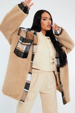 Rebellious Fashion Camel Check Teddy Blend Oversized Shacket - Shanti
