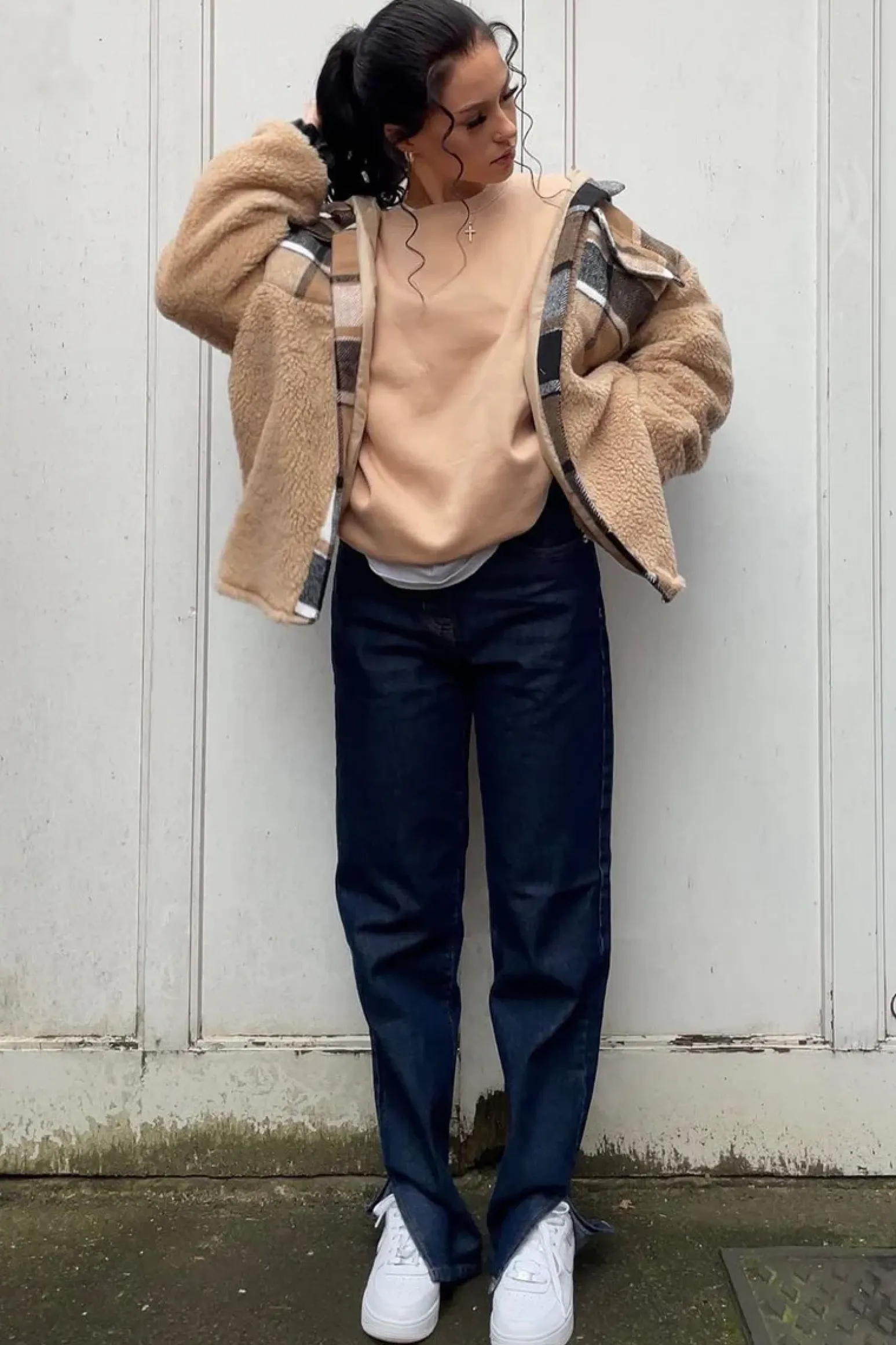 Rebellious Fashion Camel Check Teddy Blend Oversized Shacket - Shanti