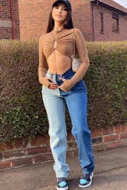 Rebellious Fashion Camel Chest Cut Out High Neck Crop Top - Kara