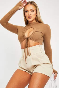 Rebellious Fashion Camel Chest Cut Out High Neck Crop Top - Kara
