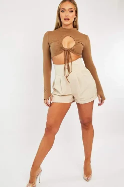 Rebellious Fashion Camel Chest Cut Out High Neck Crop Top - Kara