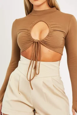 Rebellious Fashion Camel Chest Cut Out High Neck Crop Top - Kara