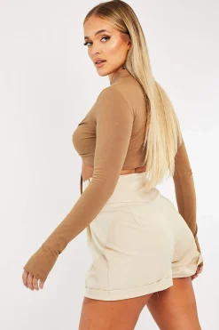 Rebellious Fashion Camel Chest Cut Out High Neck Crop Top - Kara