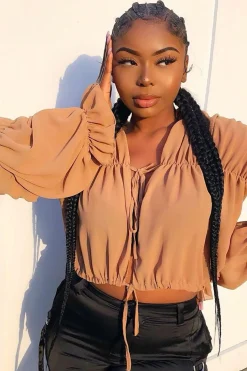 Rebellious Fashion Camel Chiffon Balloon Sleeve Crop Tie Front Blouse - Amelia