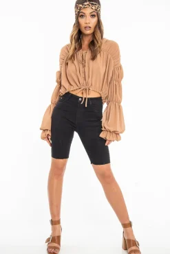 Rebellious Fashion Camel Chiffon Balloon Sleeve Crop Tie Front Blouse - Amelia