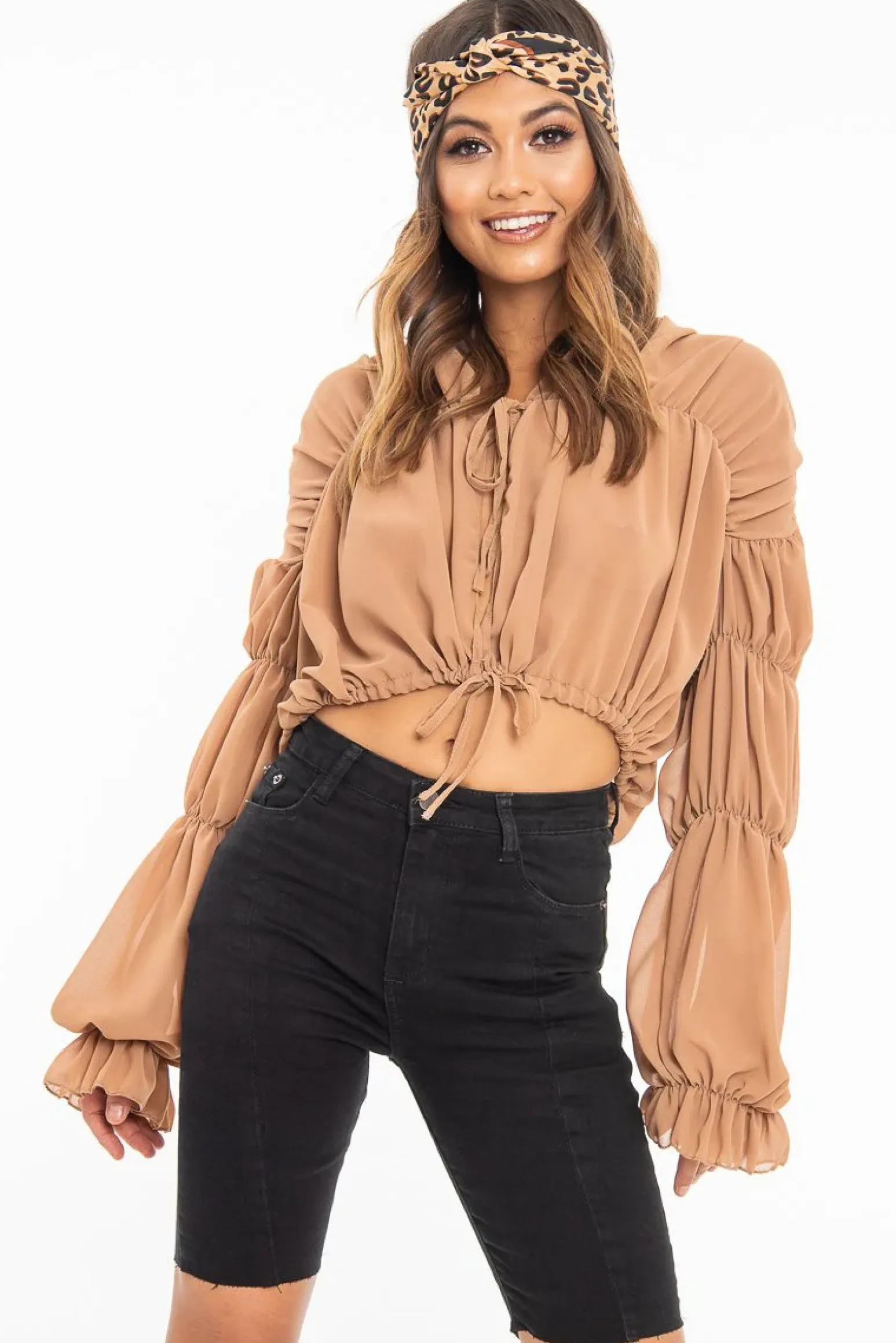 Rebellious Fashion Camel Chiffon Balloon Sleeve Crop Tie Front Blouse - Amelia