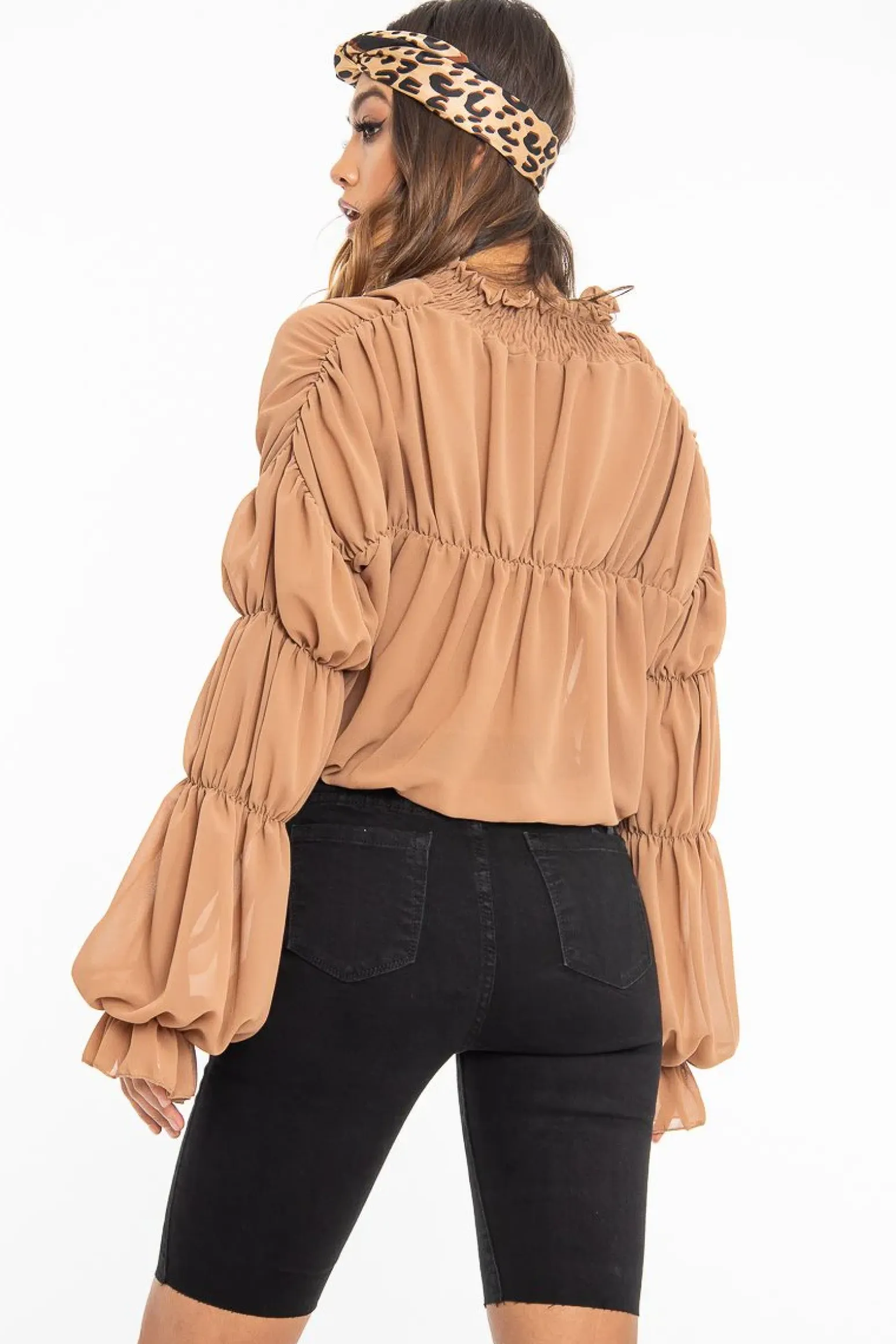 Rebellious Fashion Camel Chiffon Balloon Sleeve Crop Tie Front Blouse - Amelia