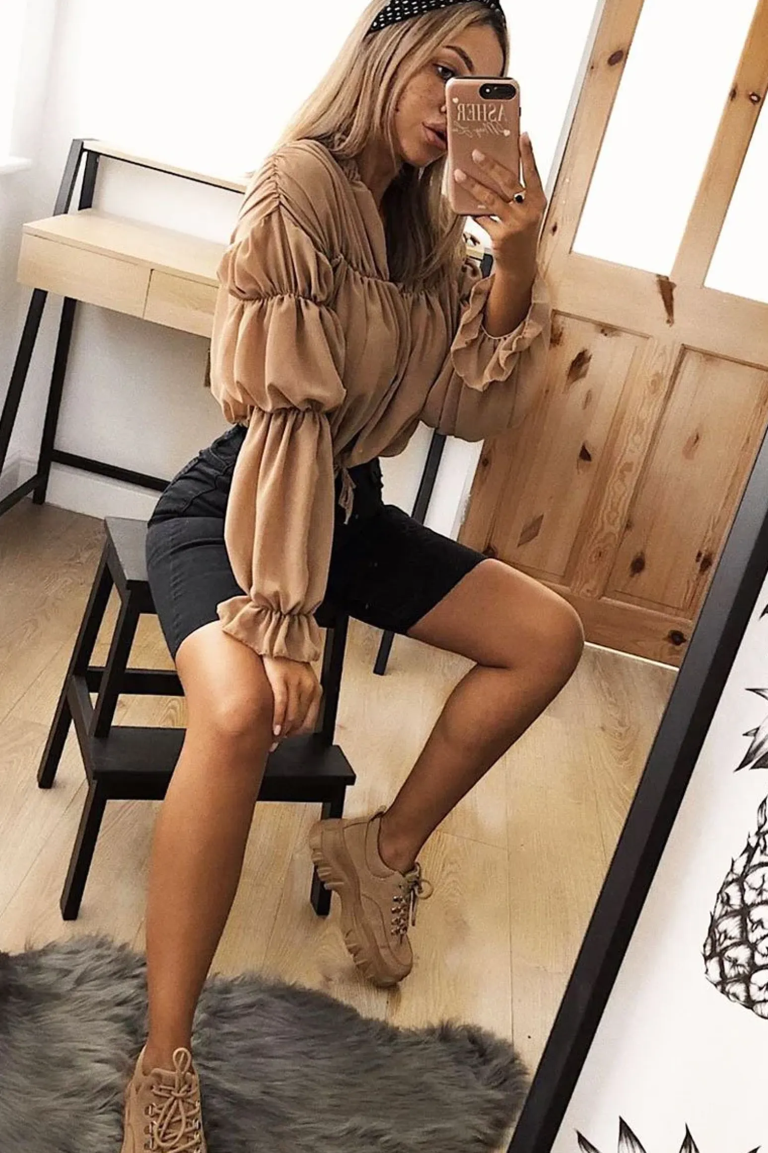 Rebellious Fashion Camel Chiffon Balloon Sleeve Crop Tie Front Blouse - Amelia