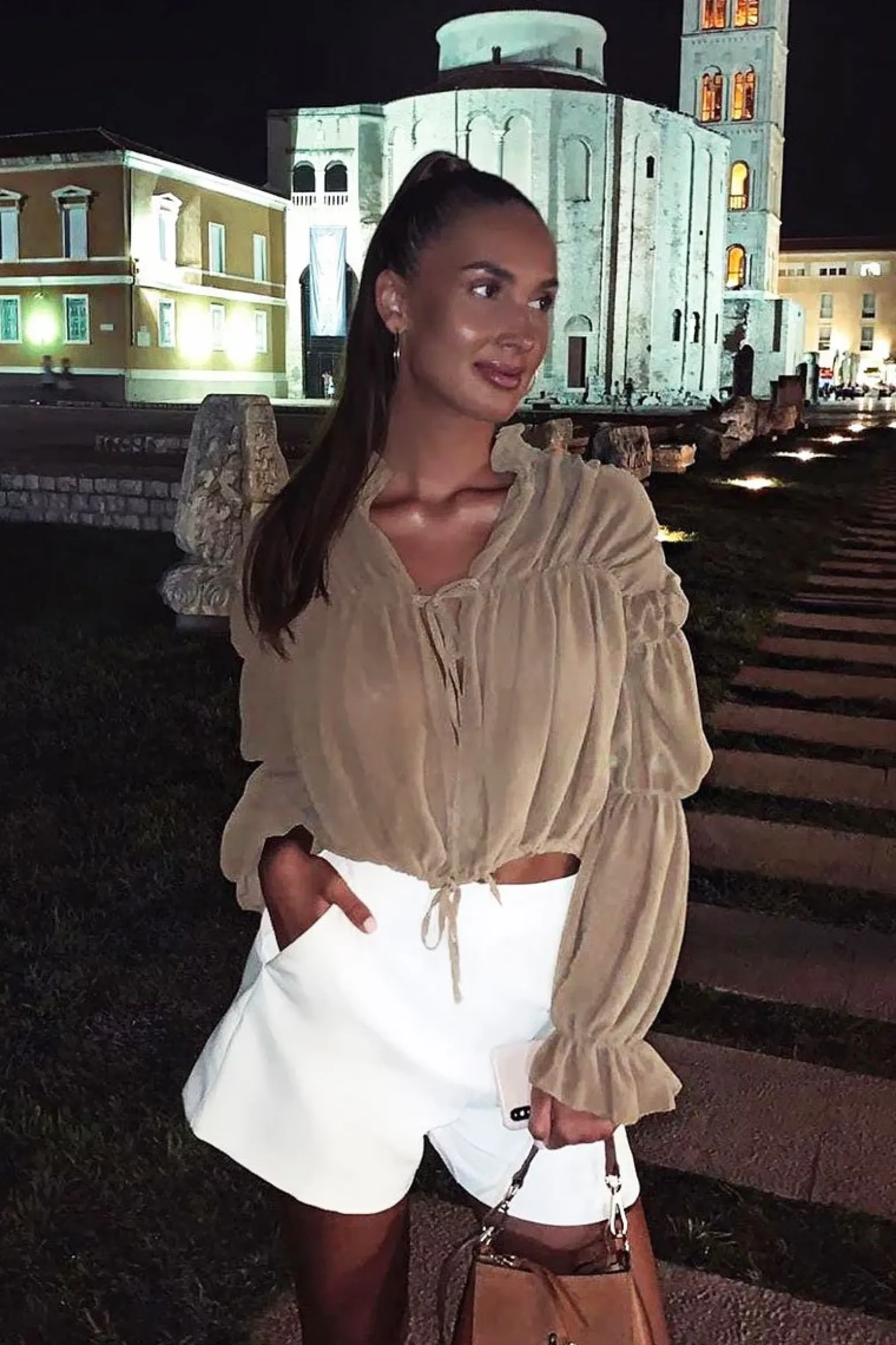 Rebellious Fashion Camel Chiffon Balloon Sleeve Crop Tie Front Blouse - Amelia
