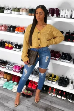 Rebellious Fashion Camel Chunky Knit Button Up Crop Cardigan - Elly