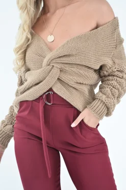 Rebellious Fashion Camel Chunky Knit Plunge Sleeve Detail Jumper - Laelle