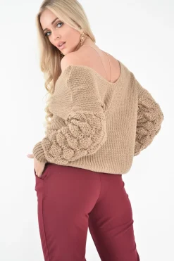 Rebellious Fashion Camel Chunky Knit Plunge Sleeve Detail Jumper - Laelle