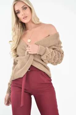 Rebellious Fashion Camel Chunky Knit Plunge Sleeve Detail Jumper - Laelle